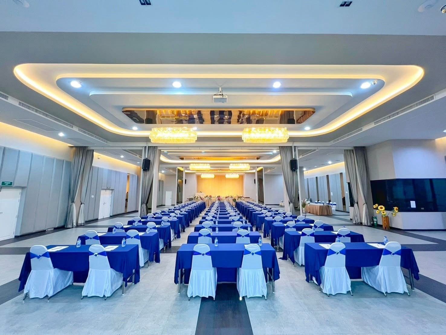 Grand Norasing ballroom set classroom-style with blue tables