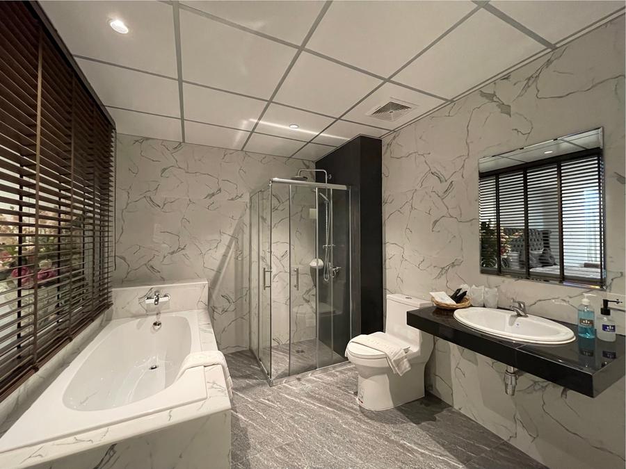 Marble bathroom with bathtub, shower and vanity