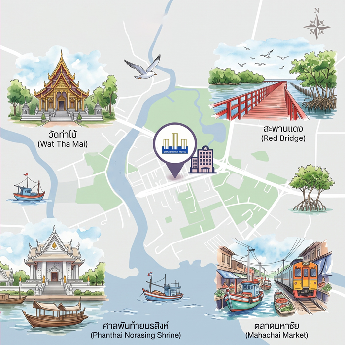 Illustrated map of Samut Sakhon showing Grand Inter Hotel near Wat Tha Mai, Red Bridge, Phanthai Norasing Shrine and Mahachai Market